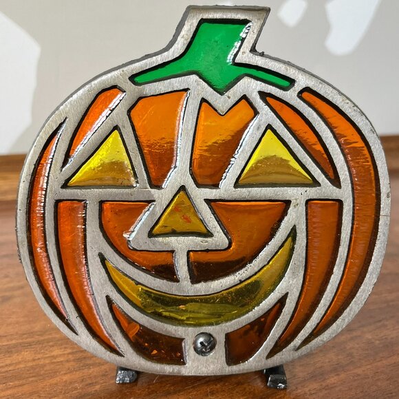 Vintage Jack-O-Lantern Tea Light Holder | Stained Glass & Cast-Iron Halloween - Picture 3 of 10